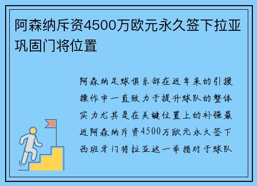 阿森纳斥资4500万欧元永久签下拉亚巩固门将位置